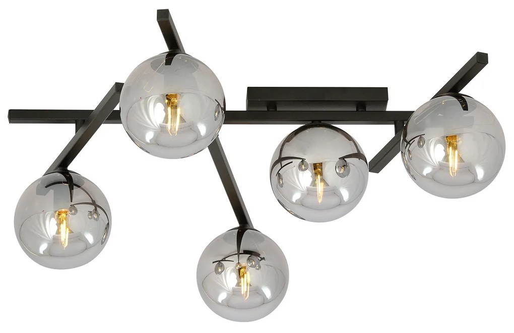 Plafoniera Moderna 5 Luci Teti In Acciaio Nero Bracci Regolabili E Vetro Fumè