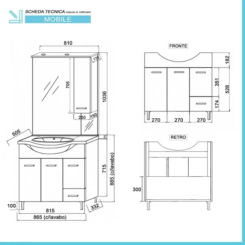 Mobile Bagno da terra 85 cm rovere bianco + specchio con pensile e luce LED
