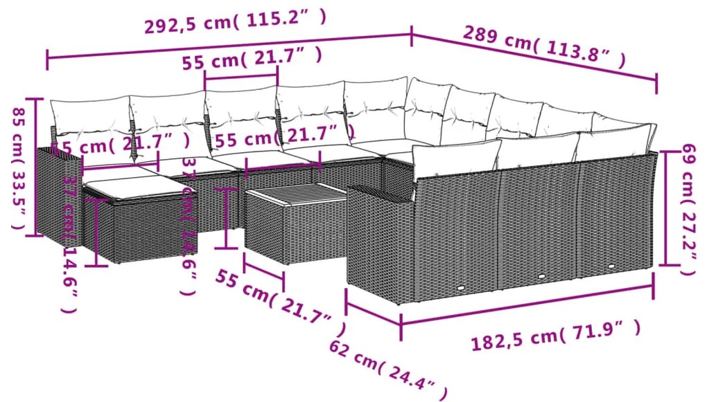 Set divani da giardino 13 pz con cuscini grigio in polyrattan