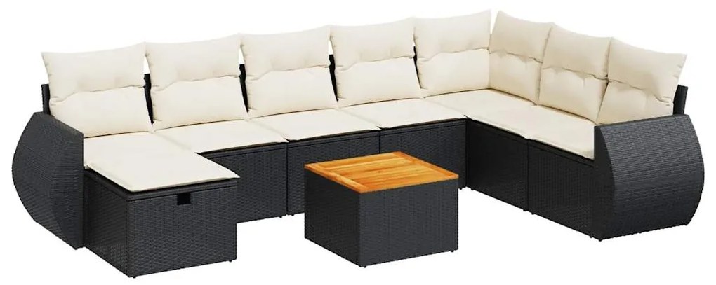 Set divani da giardino 9 pz con cuscini nero in polyrattan