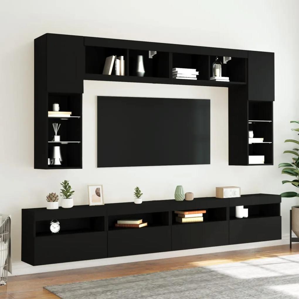 Set Mobili TV a Muro 8 pz con Luci LED Nero