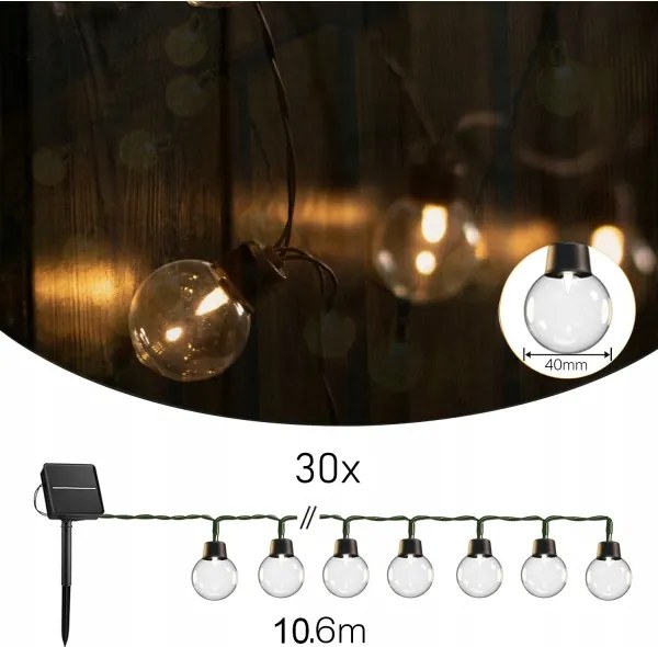 Catena luminosa solare a LED, 30 LED, 8 funzioni, 500 mAh, 10,6 m, IP67, bianco caldo