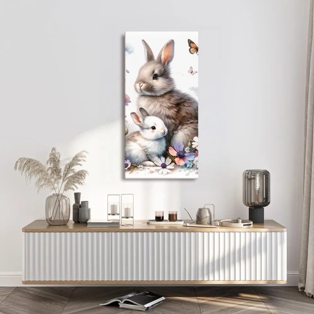Quadro su tela – Prato primaverile con conigli e farfalle
