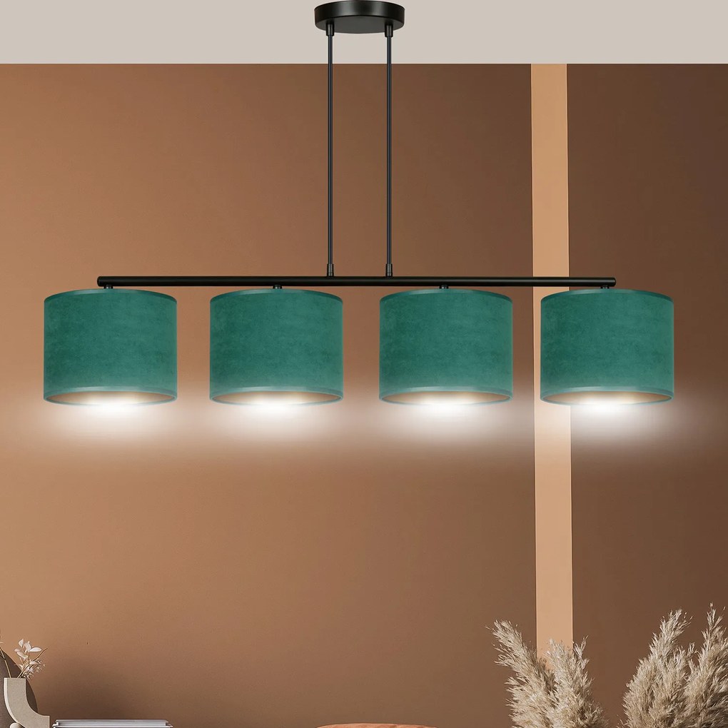Lampadario 4 Luci Ganesha In Acciaio Nero E Paralumi In Tessuto Verde