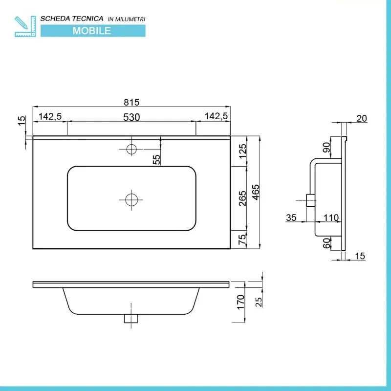 Mobile bagno a terra 80 cm bianco cannettato e grigio con cassetti Porto