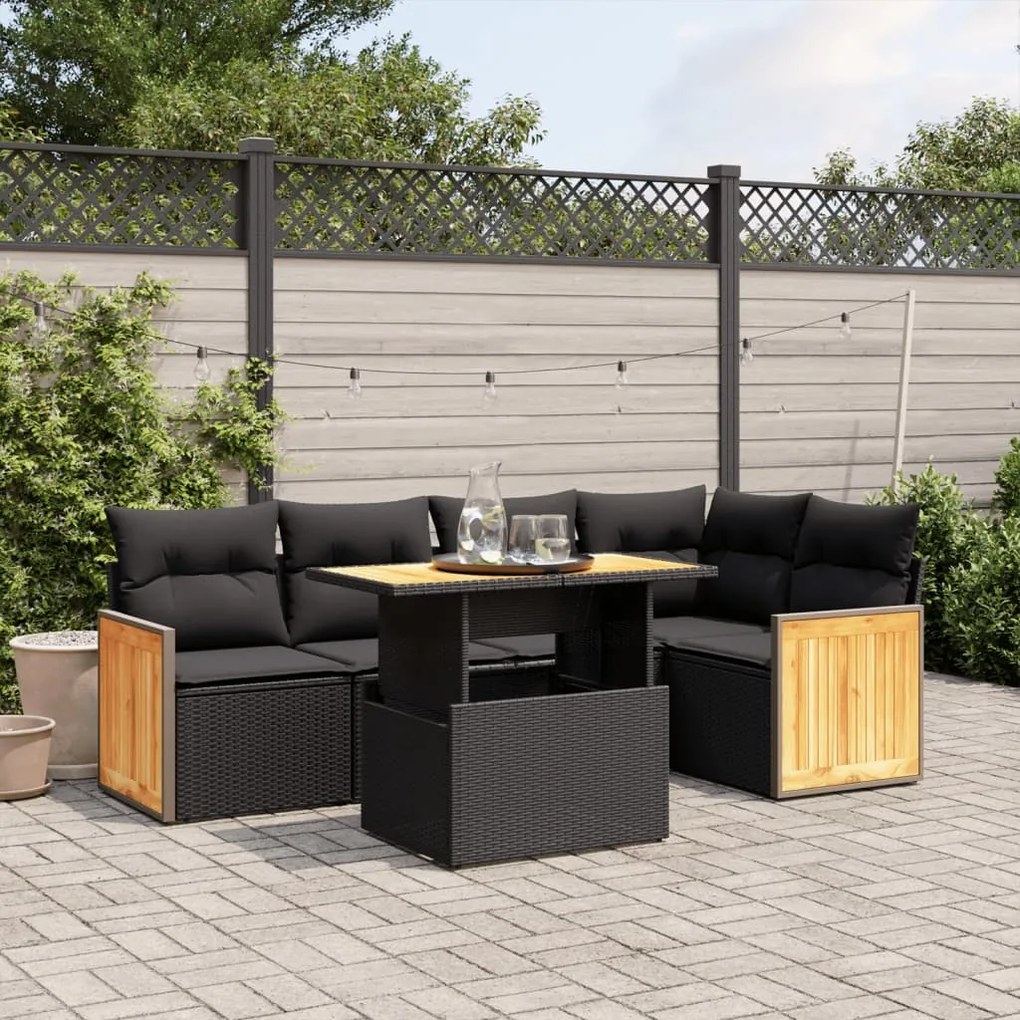 Set divano da giardino 6 pz con cuscini nero in polyrattan