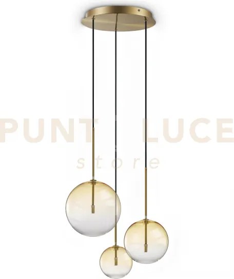Equinoxe sospensione in vetro ambra e ottone antico 3 luci attacco g4
