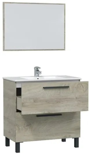 Mobile Bagno Completo Di Lavabo In Ceramica E Specchio Athena 80 Cm 2 Cassetti Rovere Alaska