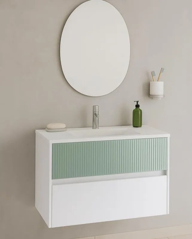 Mobile da bagno sospeso sotto lavabo Niwa 2 cassetti L 89.5 x H 50 x P 45.5 cm bianco e verde timo cannettato