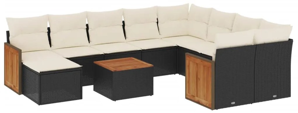 Set divani da giardino 11 pz con cuscini in polyrattan nero