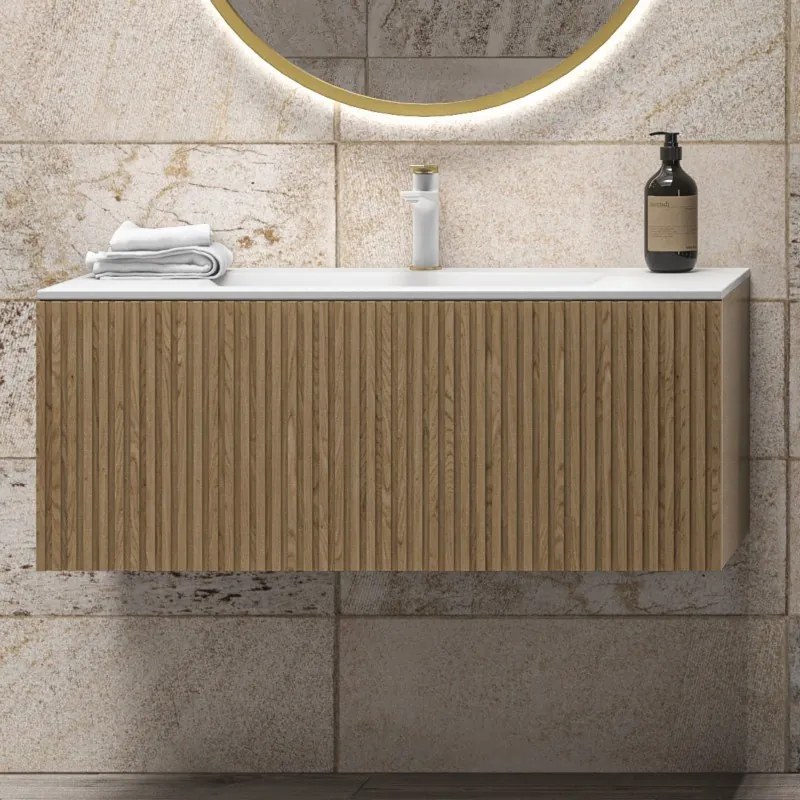 Mobile bagno sospeso 100cm rovere effetto cannettato con lavabo incasso KDS-100L - KAMALU