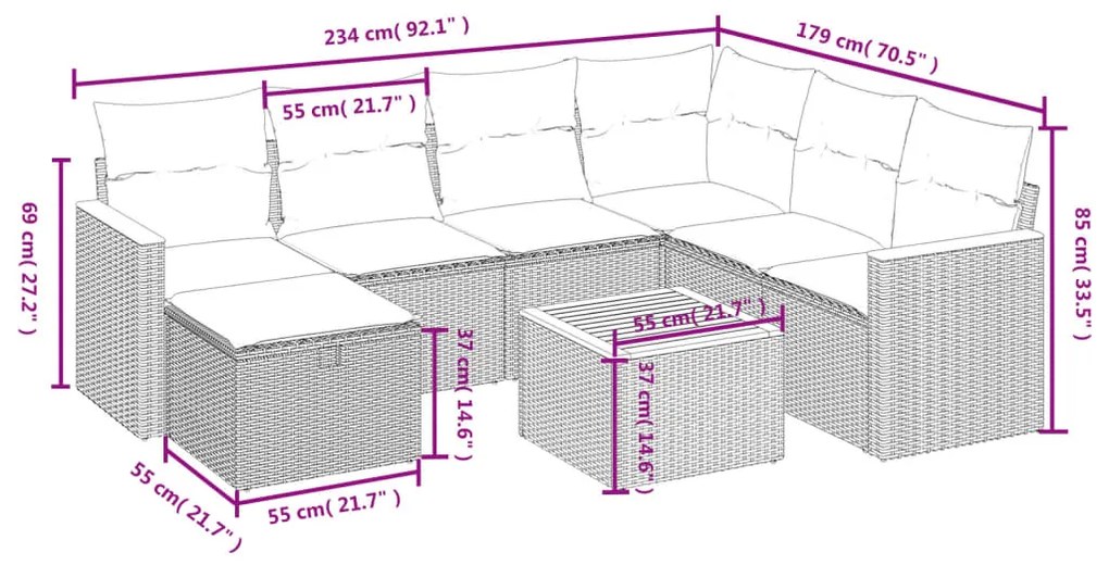 Set divani da giardino con cuscini 8 pz nero in polyrattan