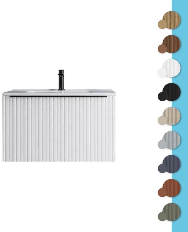 Mobile bagno sospeso 70 cm blu notte cannettato con cassetto, specchio e lavabo Nara