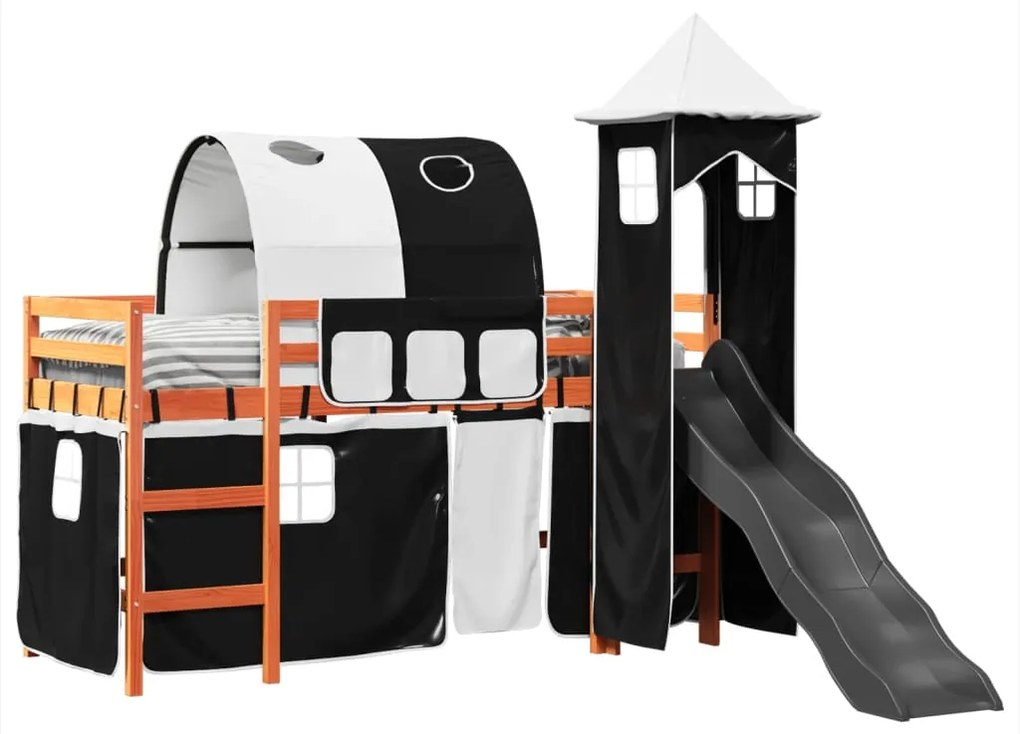 Letto a soppalco con torre bambini bianco e nero 80x200cm pino