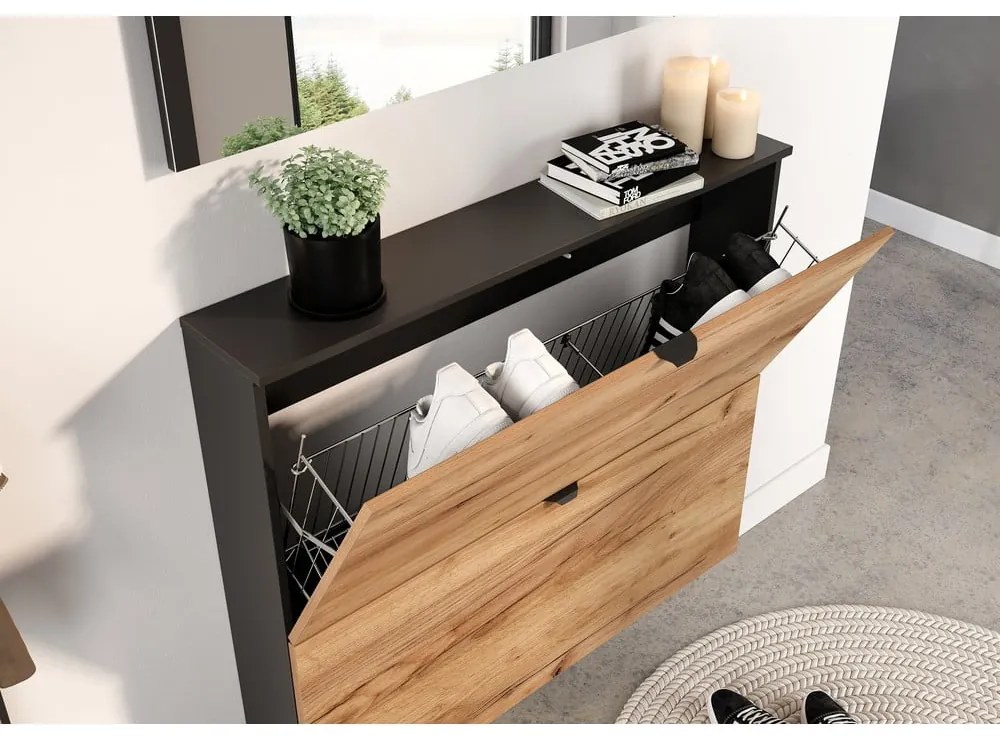 Scarpiera color antracite/di colore naturale con effetto rovere con ante ribaltabili/da parete 100x85x19 cm Renell – Germania