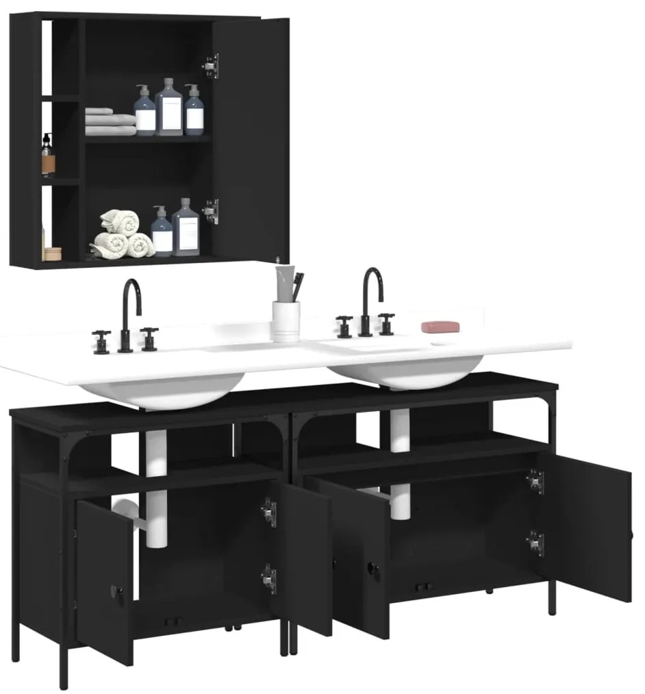 Set di mobili da bagno 3 pz nero in legno multistrato