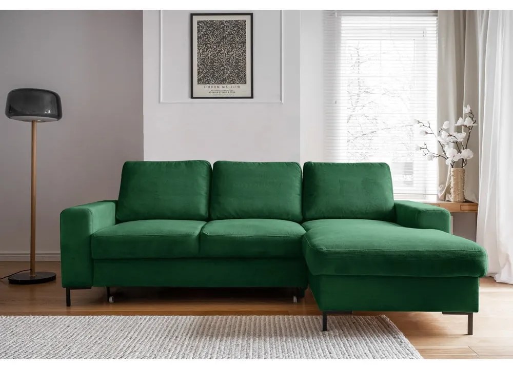 Divano letto angolare in velluto a coste verde scuro (angolo destro) Lofty Lilly - Miuform