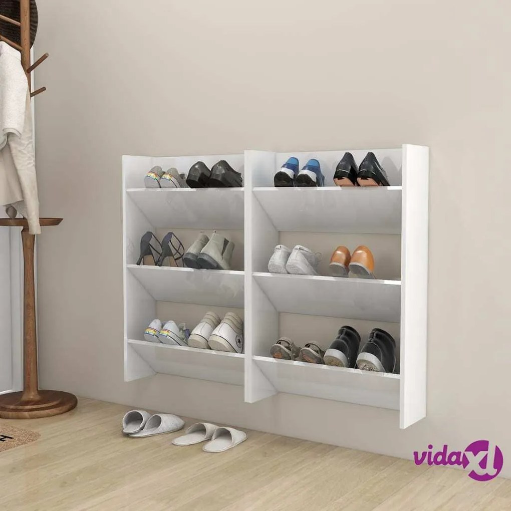 vidaXL Scarpiere a Muro 2pz Bianco Lucido 60x18x90cm Legno Multistrato