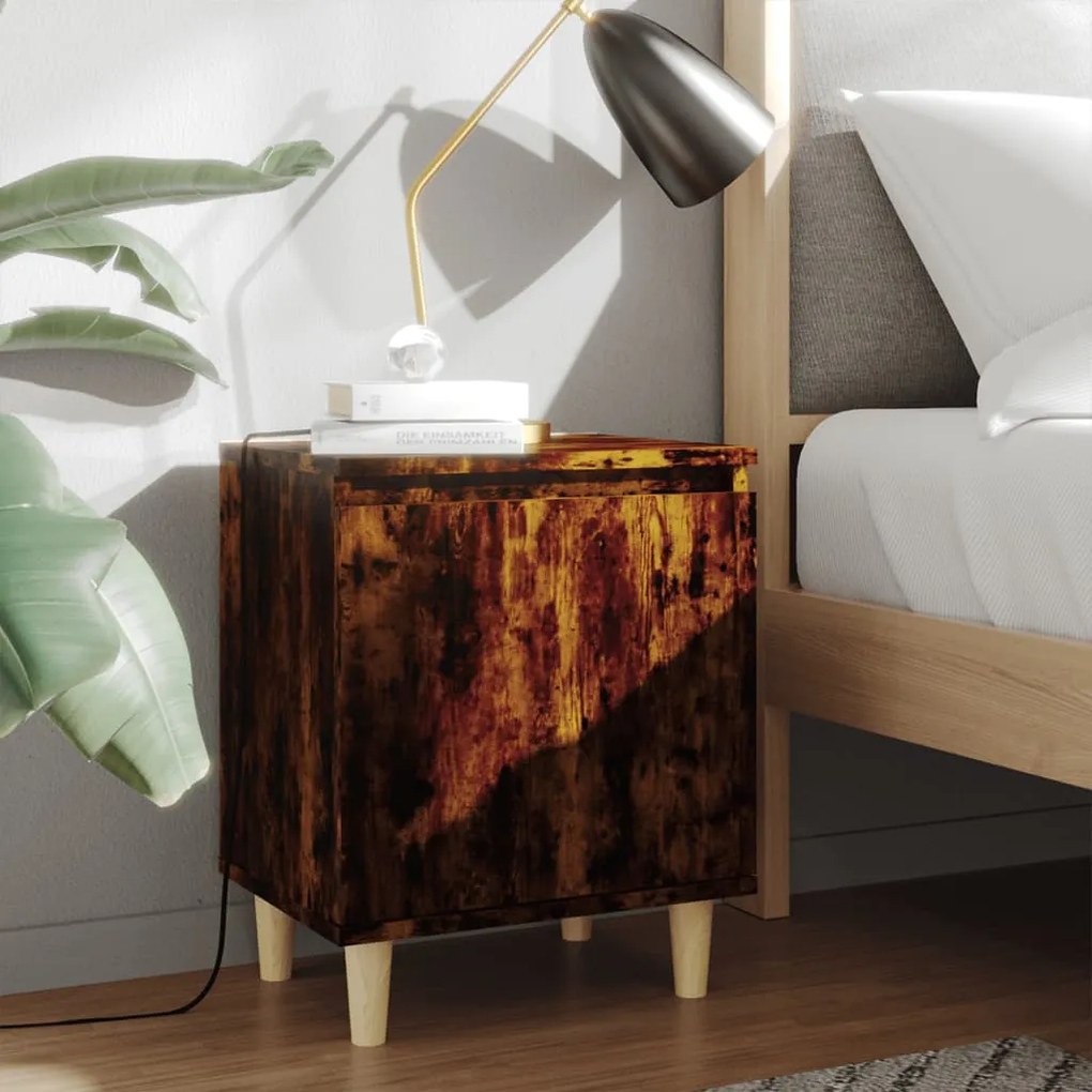 Comodino Con Gambe İn Legno Massello Rovere Fumo 40x35x50 Cm /