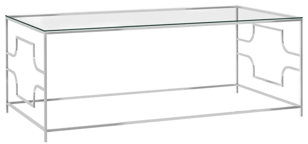 Tavolino Da Caffè Argento 120x60x45 Cm İn Acciaio Inox E Vetro /