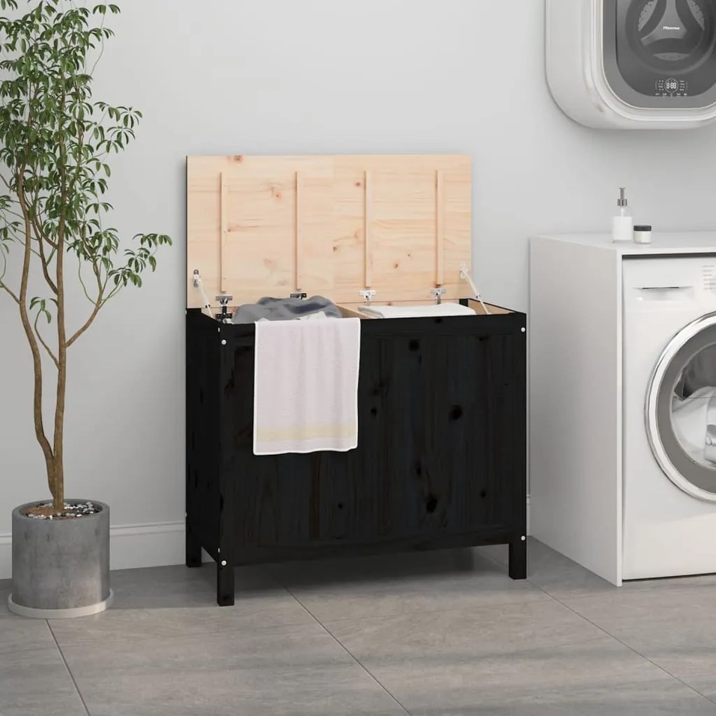 Contenitore Per Bucato Nero 88,5x44x76 Cm Legno Massello Pino /