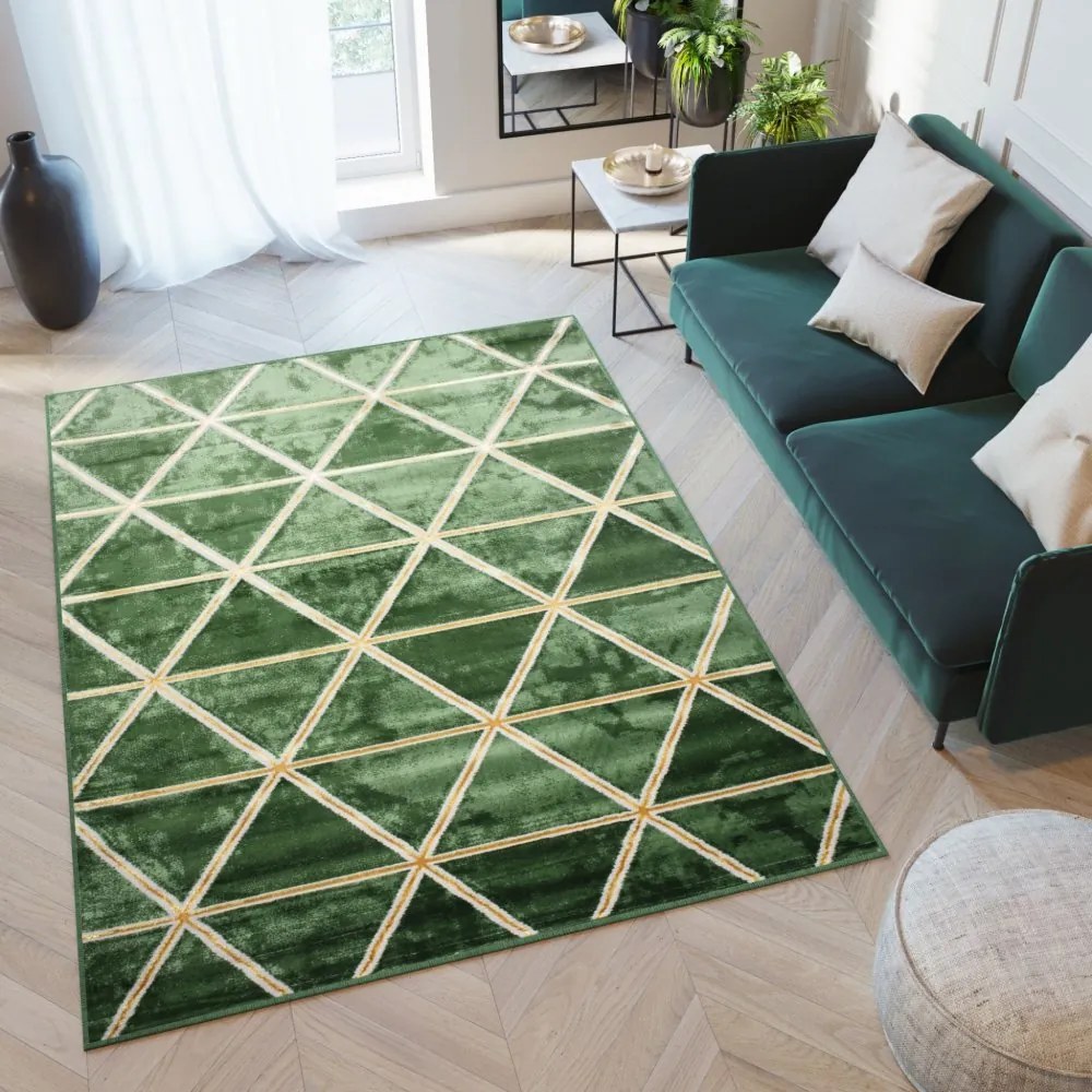 Tappeto moderno verde con motivo a triangoli dorati Larghezza: 80 cm | Lunghezza: 150 cm