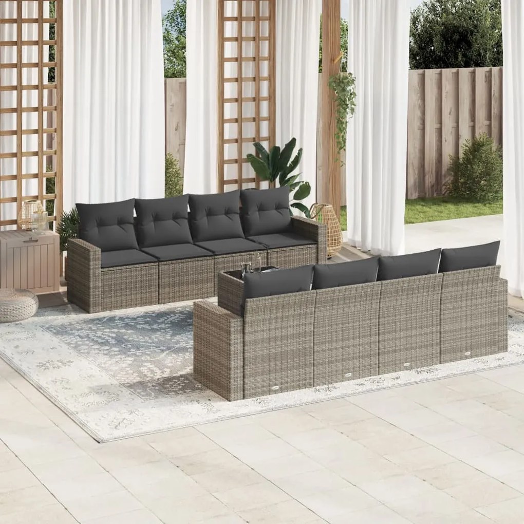 Set Divano da Giardino 9 pz con Cuscini Grigio in Polyrattan