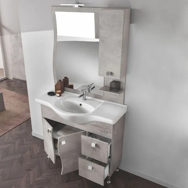 Mobile bagno 85 cm - Cemento Chiaro - 2 ante e cassetti - Onda