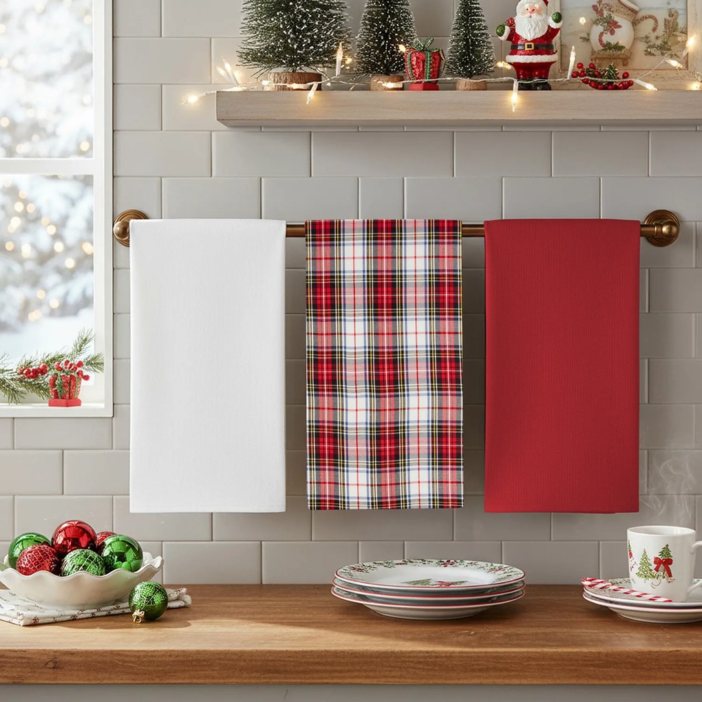 Set 3 strofinacci tartan bianco con cestino