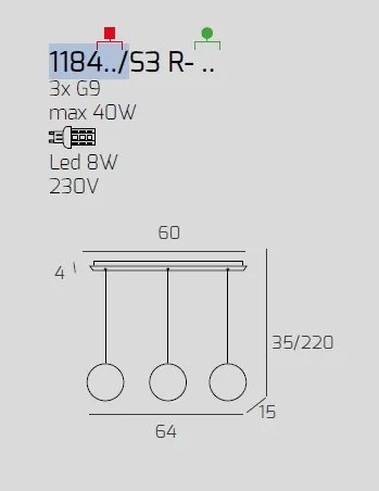 Sospensione bianco 3 luci rettangolare vetri tr + 2x am 1184bi-s3 r-ta