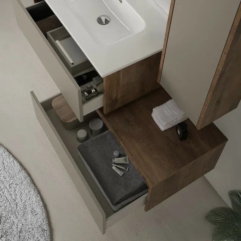 Mobile bagno sospeso 80 cm in legno tabacco e tortora con 2 cassetti, lavabo e specchio Smok