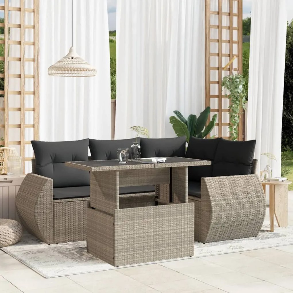 Set divano da giardino 5pz con cuscini grigio chiaro polyrattan