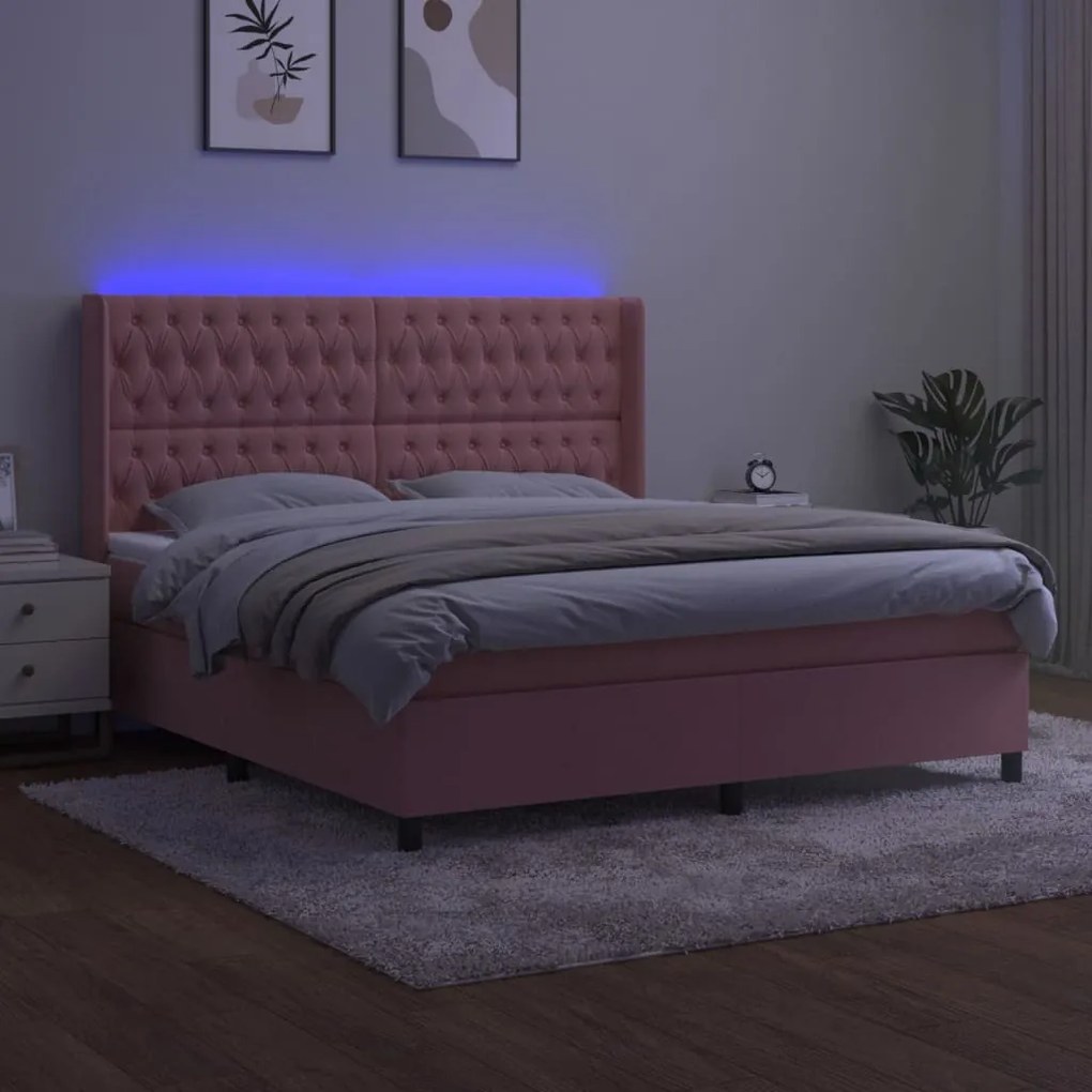 Letto a molle con materasso e led rosa 180x200 cm in velluto