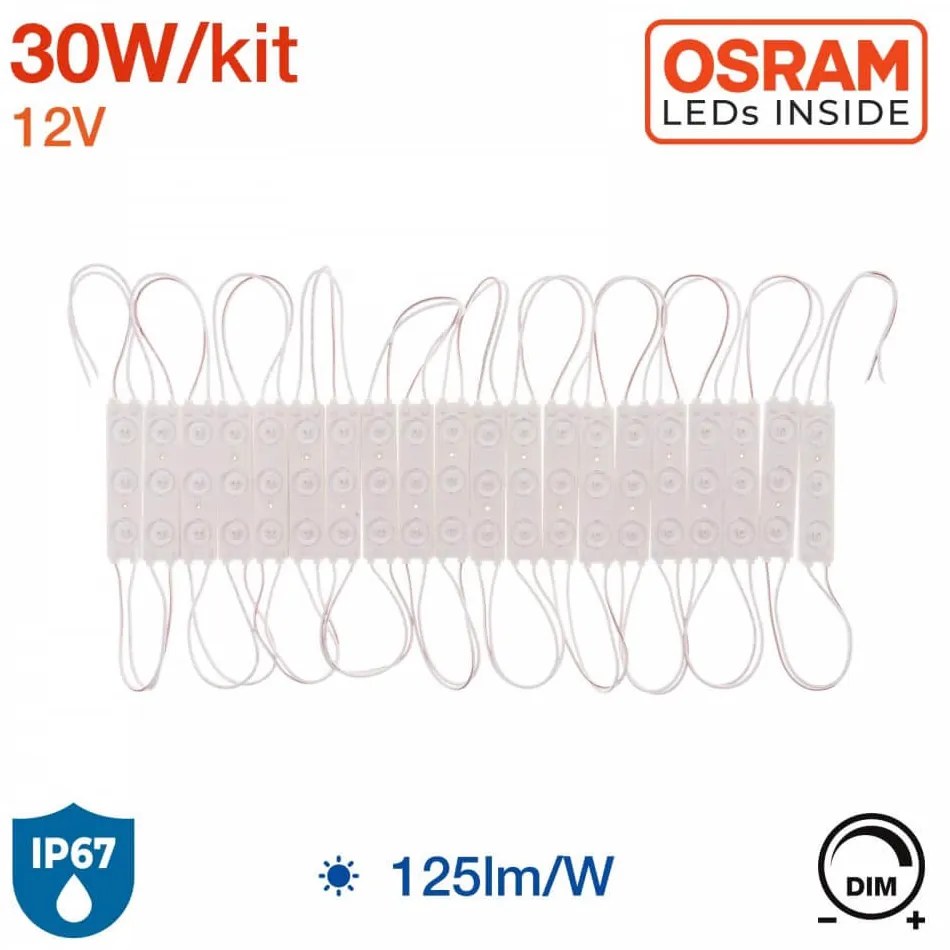 Catena da 20 moduli da 1.5W LED OSRAM 12VDC, IP67 da 125lm/W Colore Bianco Freddo 5.700K