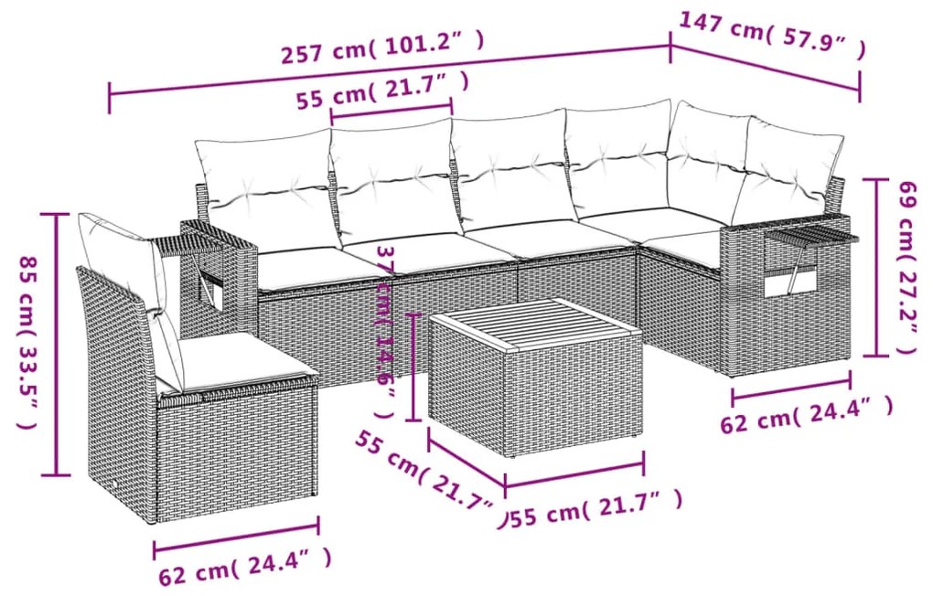 Set Divani da Giardino 7 pz con Cuscini Grigio in Polyrattan