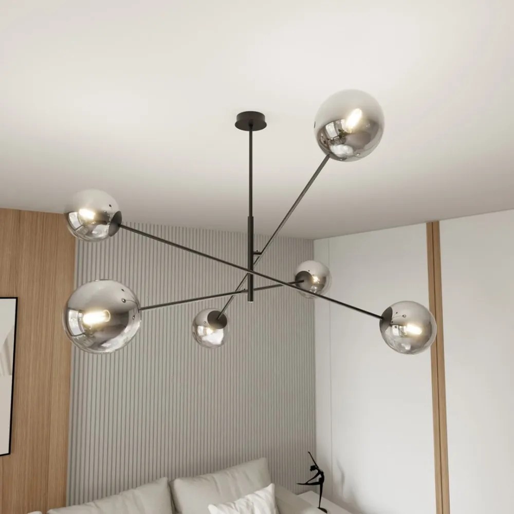 Lampadario da Soffitto in Acciaio e Vetro LINEAR 6 Nero 6xE14 Colore delle Sfere Grafite