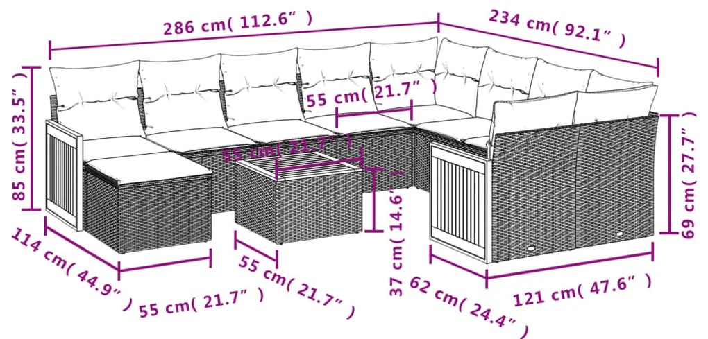 Set divani da giardino 11 pz con cuscini in polyrattan nero