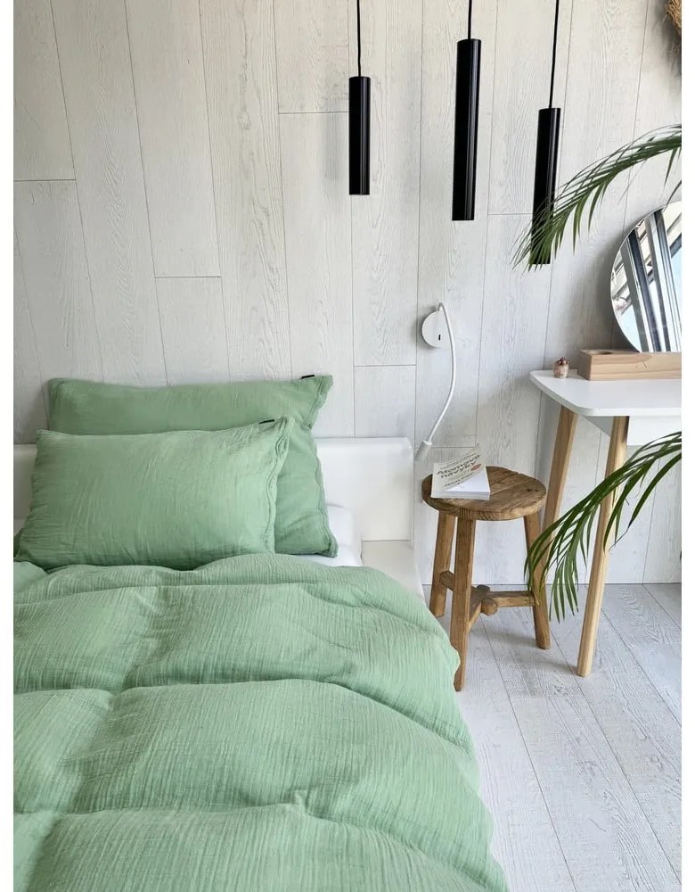 Set copripiumino e federa verde in mussola per letto matrimoniale 200x200 cm Plain Muslin – Butter Kings