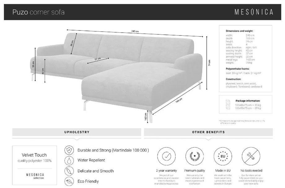 Divano angolare in velluto grigio scuro, angolo sinistro Puzo - MESONICA
