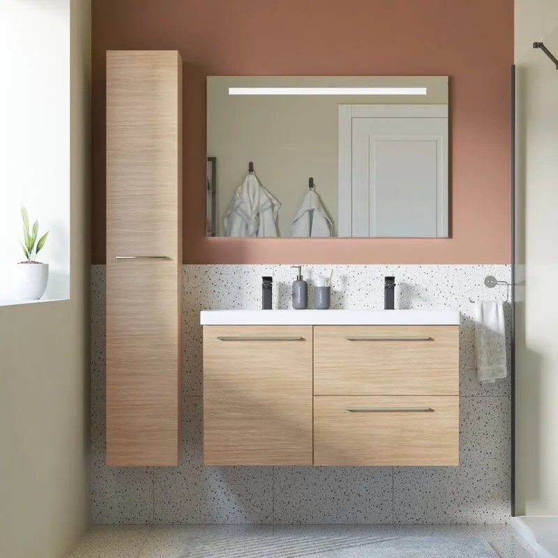 Mobile sottolavabo e lavabo Remix New rovere chiaro L 106 x H 57.7 x P 46 cm 2 vasche, 1 anta 2 cassetti