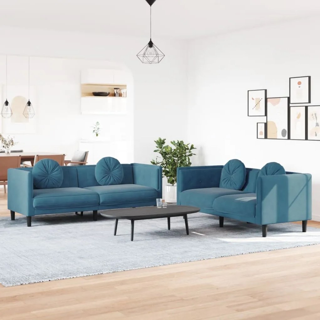 Set Di Divani 2 Pz Con Cuscini Blu İn Velluto /