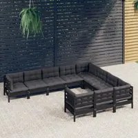 Set Divani da Giardino 10 pz con Cuscini Neri Massello di Pino 3096999