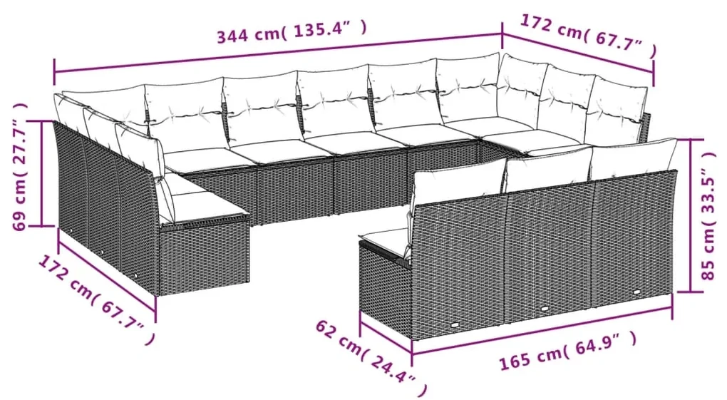 Set divani da giardino 13 pz con cuscini grigio in polyrattan