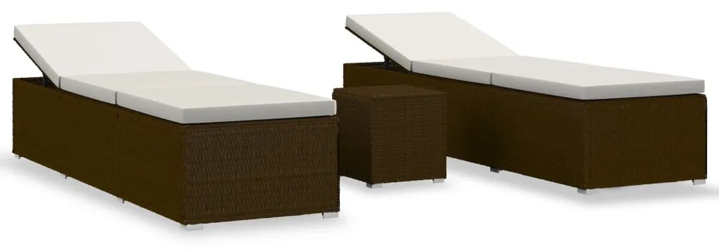 Lettini Prendisole con Tavolino 3 pz in Polyrattan Marrone