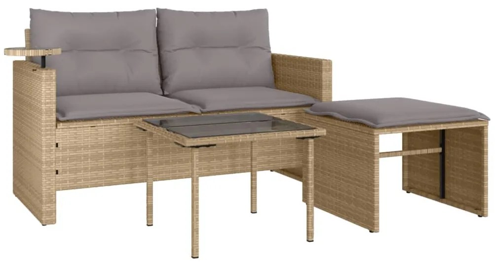 Set divano da giardino 3 pz con cuscini beige in polyrattan