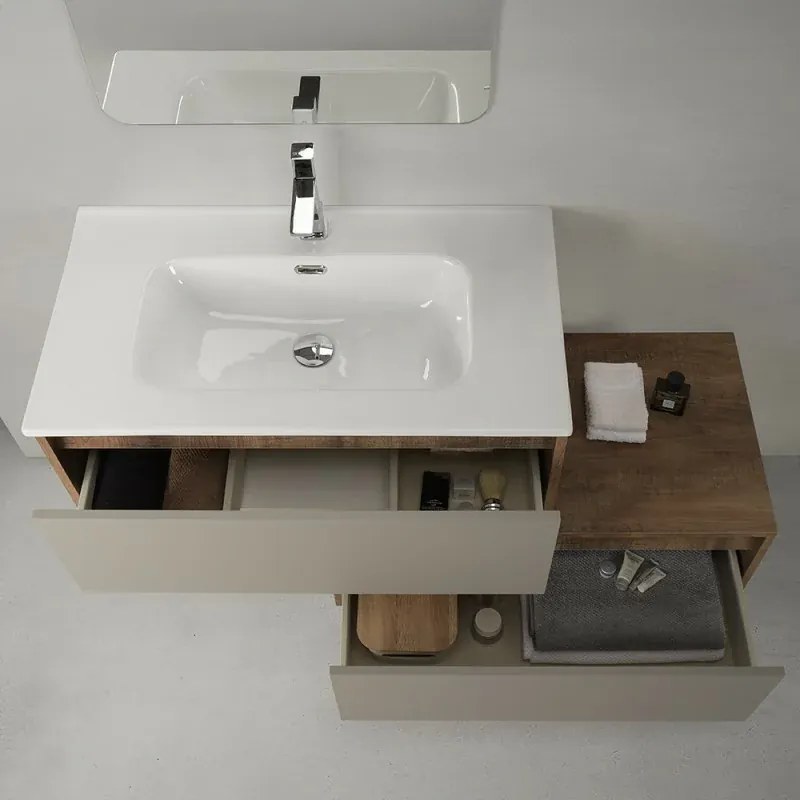 Mobile bagno sospeso 80 cm in legno tabacco e tortora con 2 cassetti, lavabo e specchio Smok