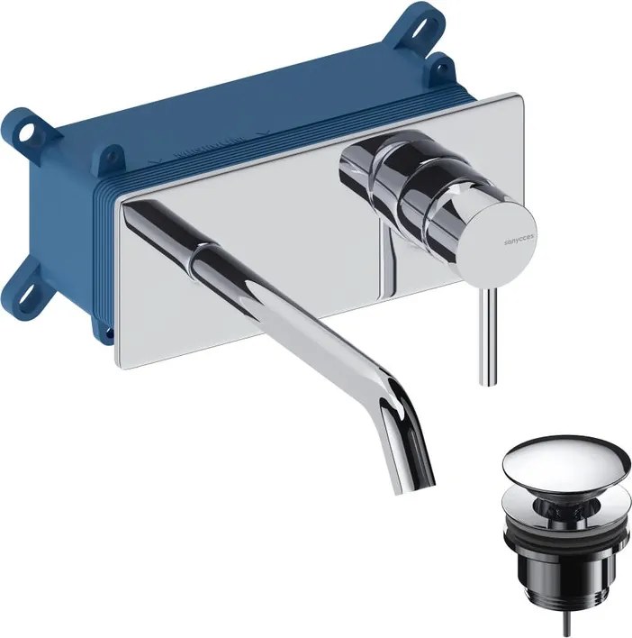 Rubinetto per lavabo LOOP monocomando a parete per lavabo bocca 18cm + corpo incasso + piletta di scarico cromo spazzolato lucido SANYCCES