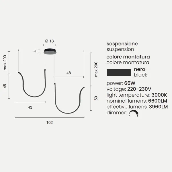 Lampada a sospensione ARQUA 2 Luci LED in metallo verniciato 102 cm NERO