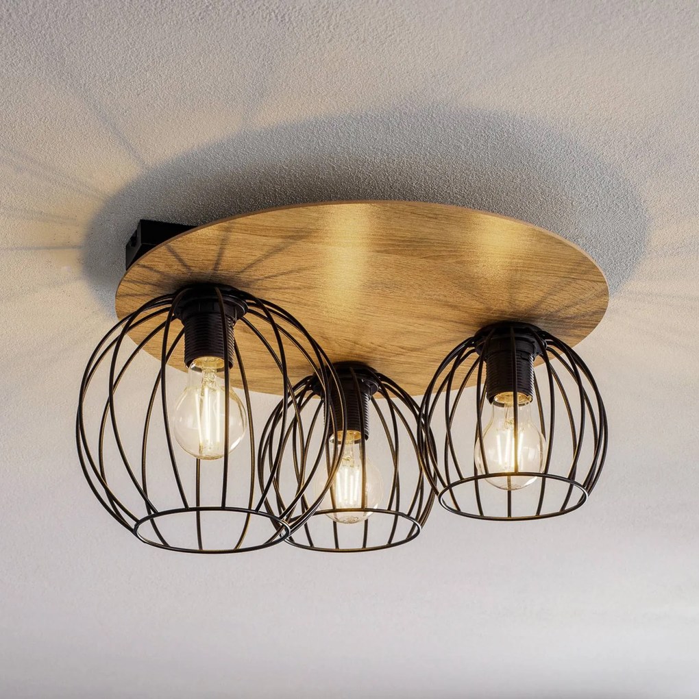 SIGMA Plafoniera Malin, schermo in legno rotondo, 3 luci