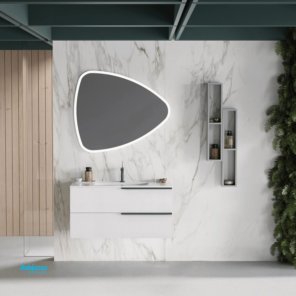 Mobile Bagno Sospeso "Oikos" Da 100 Cm Composto Da Due Cassetti Lavabo E Specchio Finitura Bianco Alaska